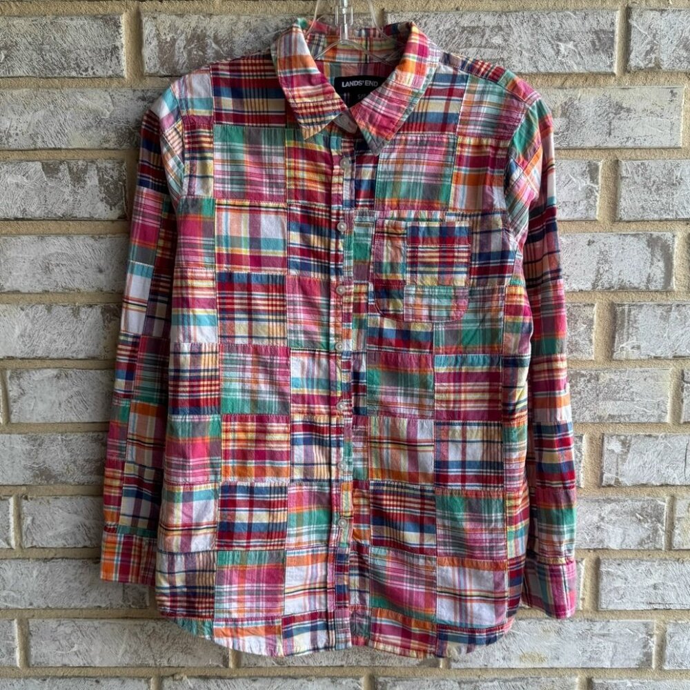 Lands' End Long Sleeve Button Up Patchwork 100% C… - image 1